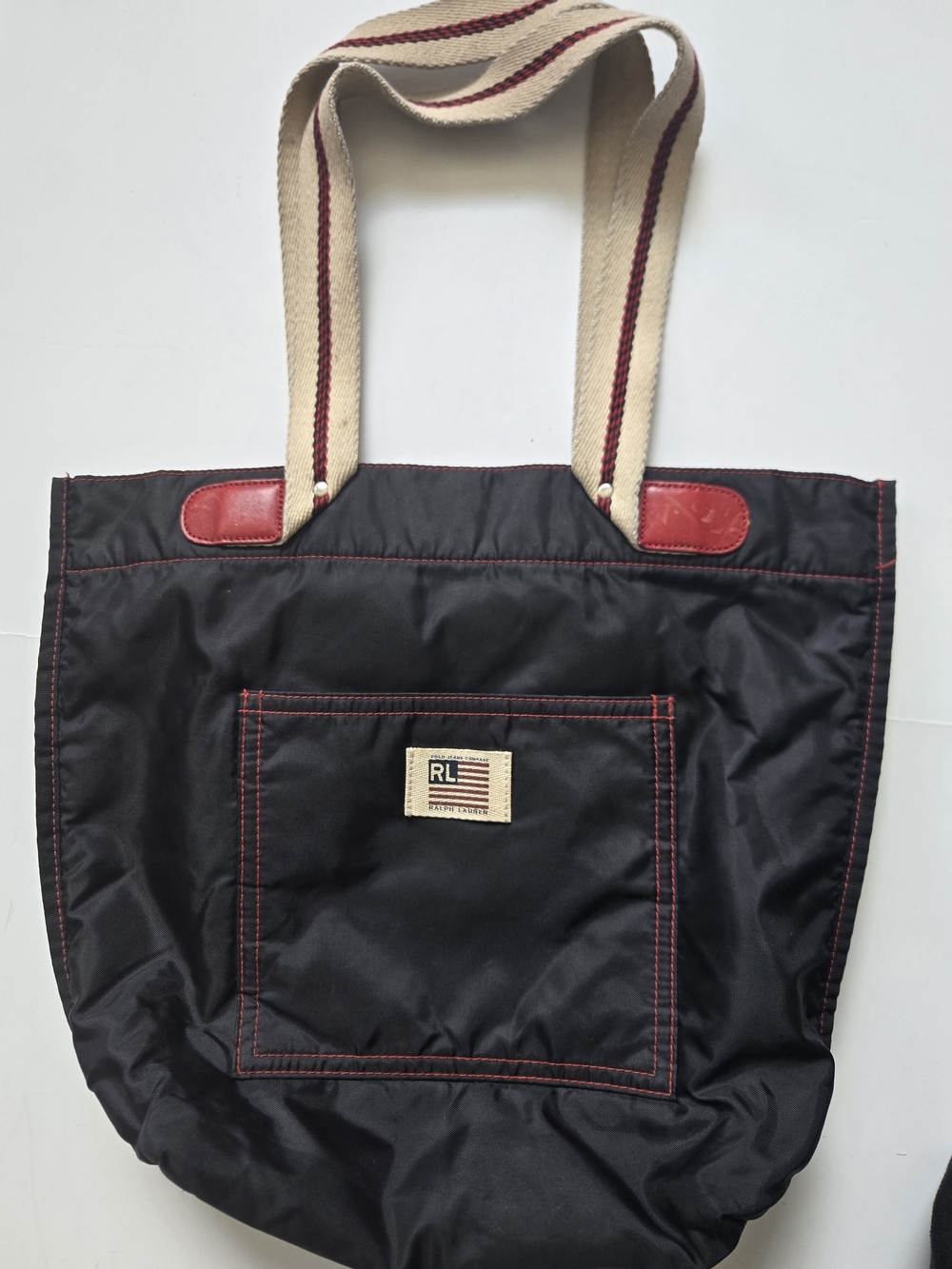 Vintage 90s Ralph Lauren RL Black Nylon Tote with Red Trim